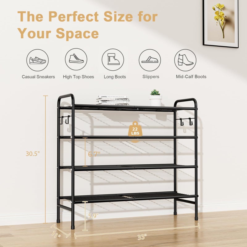 VILICK 4-Tier Shoe Rack 33" Wide Metal Shoe Organizer Long Shoe Storage with 4 Side Hooks Sturdy Shoes Shelf for Closet, Front Door Entrance, Garage, Dorm, Black - Image 3
