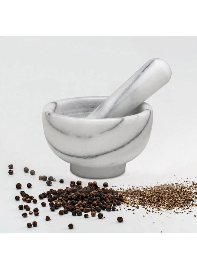 LAMAY Mortar and Pestle Set - 5.1" Natural Stone for Spices, Seasonings, Pastes - Stone Grinder Bowl for Spices, Herbs, Garlic, Guacamole Salsa and Nuts Molcajete Bowl for Kitchen(White/Gray) - Image 2