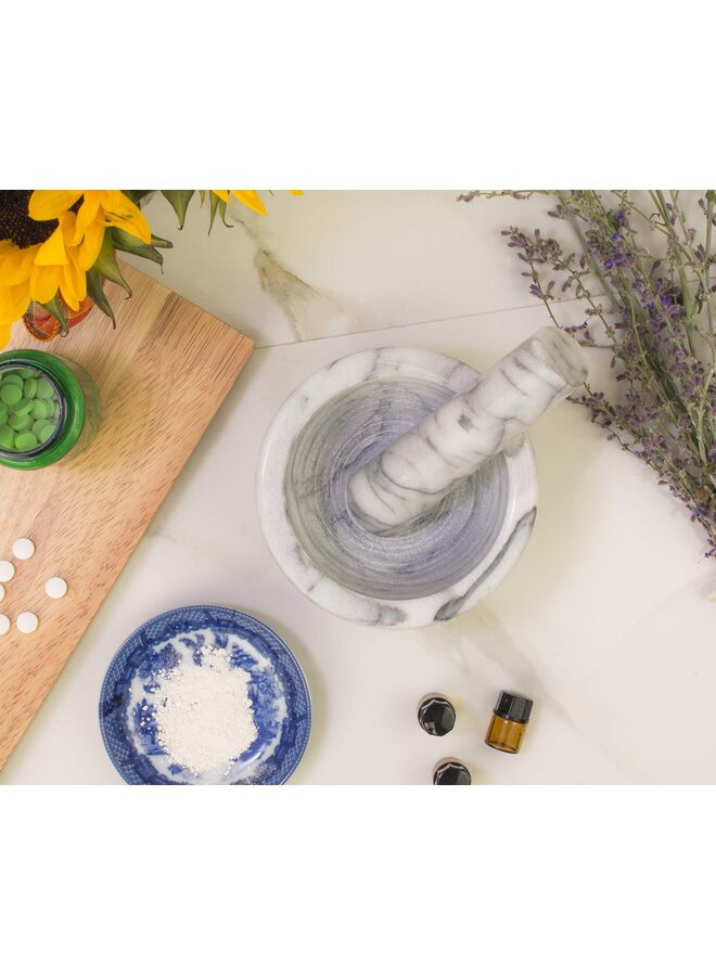 LAMAY Mortar and Pestle Set - 5.1" Natural Stone for Spices, Seasonings, Pastes - Stone Grinder Bowl for Spices, Herbs, Garlic, Guacamole Salsa and Nuts Molcajete Bowl for Kitchen(White/Gray) - Image 3