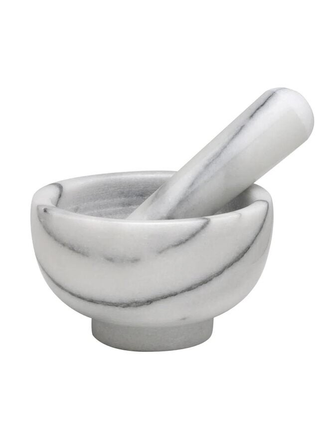 LAMAY Mortar and Pestle Set - 5.1" Natural Stone for Spices, Seasonings, Pastes - Stone Grinder Bowl for Spices, Herbs, Garlic, Guacamole Salsa and Nuts Molcajete Bowl for Kitchen(White/Gray) - Image 1