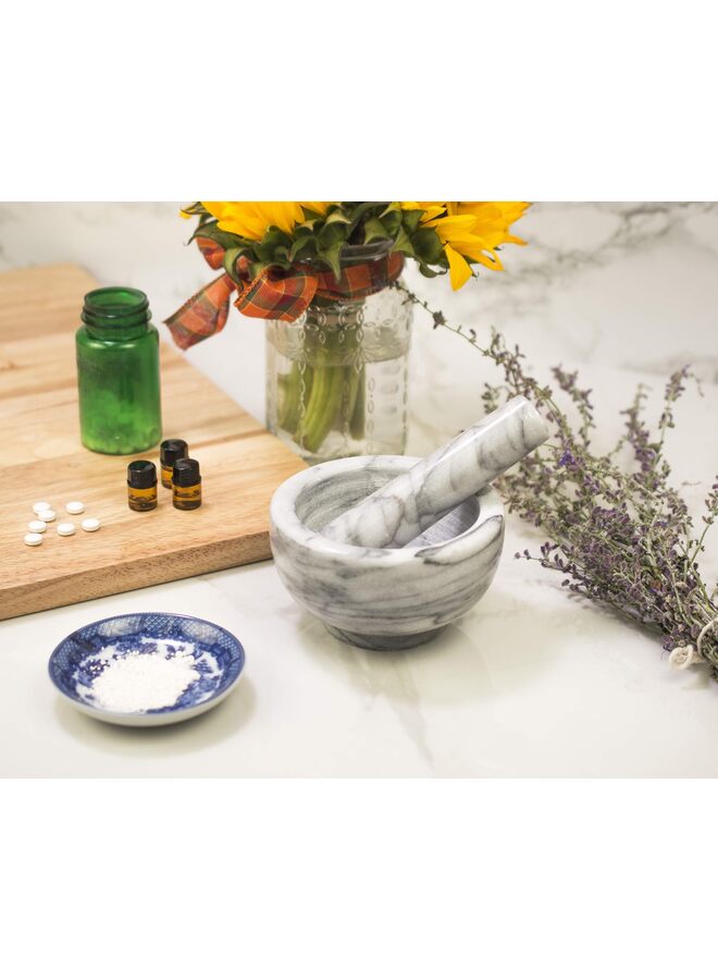 LAMAY Mortar and Pestle Set - 5.1" Natural Stone for Spices, Seasonings, Pastes - Stone Grinder Bowl for Spices, Herbs, Garlic, Guacamole Salsa and Nuts Molcajete Bowl for Kitchen(White/Gray) - Image 4