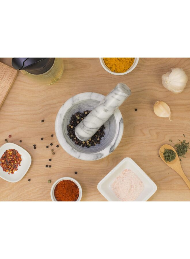 LAMAY Mortar and Pestle Set - 5.1" Natural Stone for Spices, Seasonings, Pastes - Stone Grinder Bowl for Spices, Herbs, Garlic, Guacamole Salsa and Nuts Molcajete Bowl for Kitchen(White/Gray) - Image 5