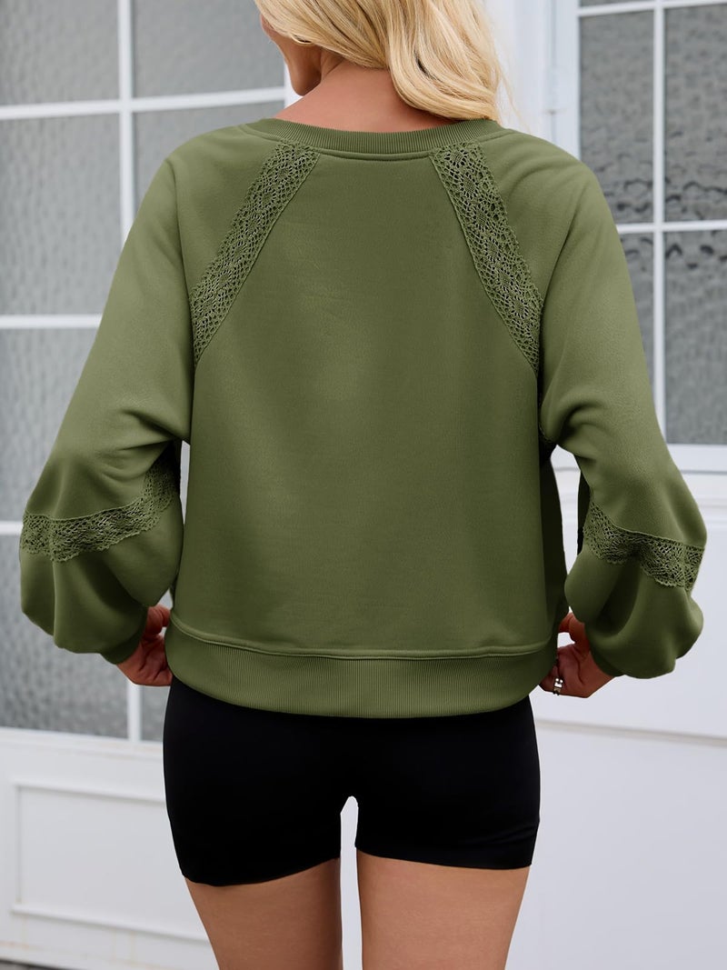 Fisoew Womens Oversized Sweatshirt Casual V Neck Lace Lantern Long Sleeve Cropped Loose Fit Fall Pullover Tops Army Green - Image 4