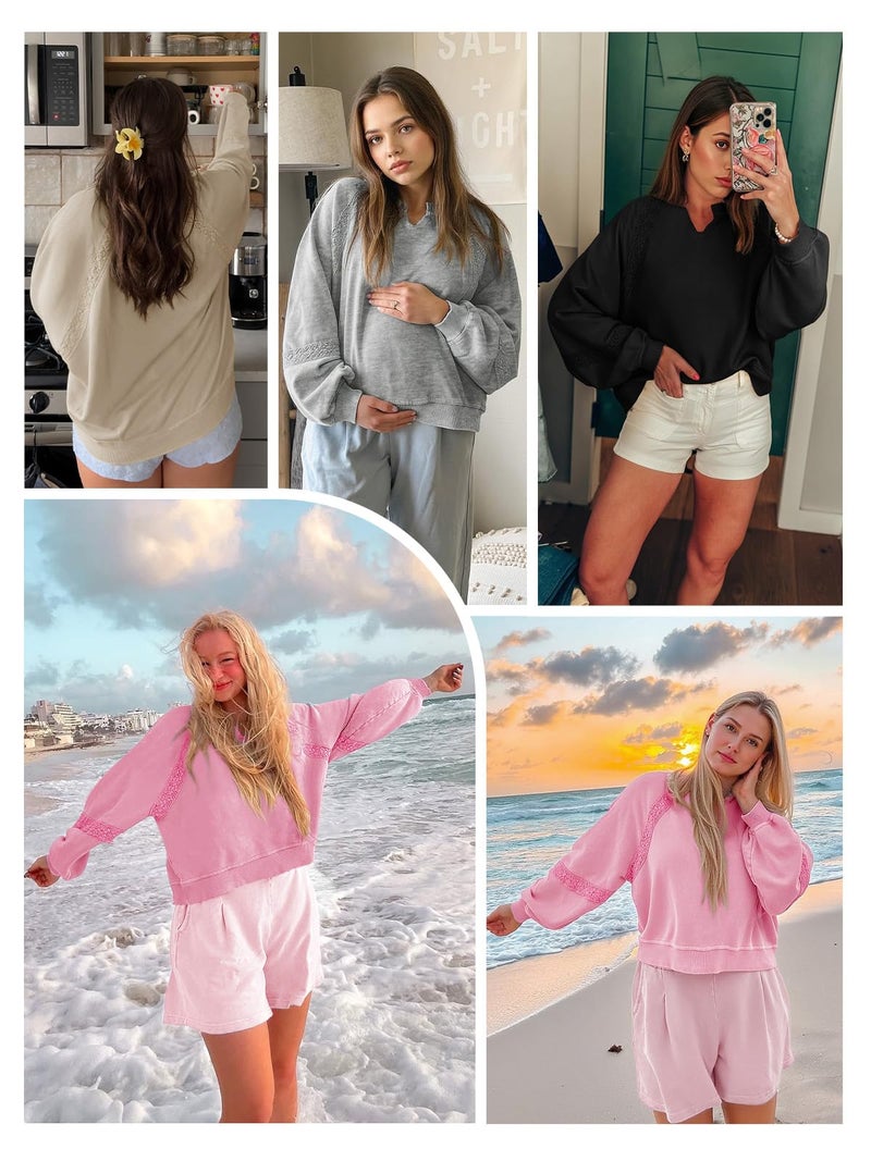 Fisoew Womens Oversized Sweatshirt Casual V Neck Lace Lantern Long Sleeve Cropped Loose Fit Fall Pullover Tops Army Green - Image 5
