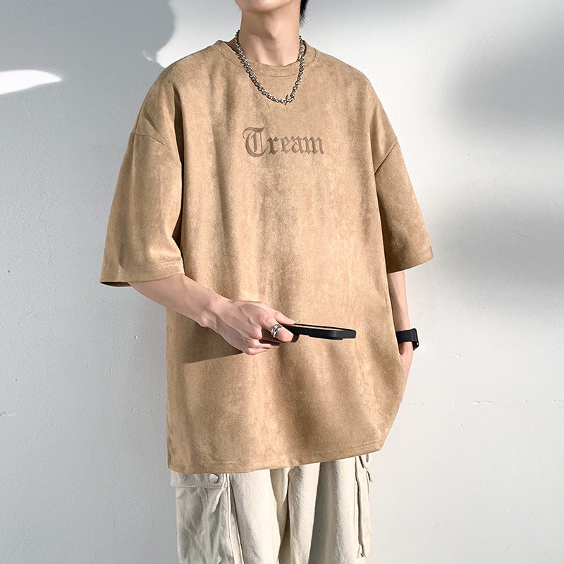 2023 New American Style Retro Fashion Brand Suede Short-sleeved T-shirt Embossing Craft Men's Summer Loose Hip-hop Half Sleeve - Image 1