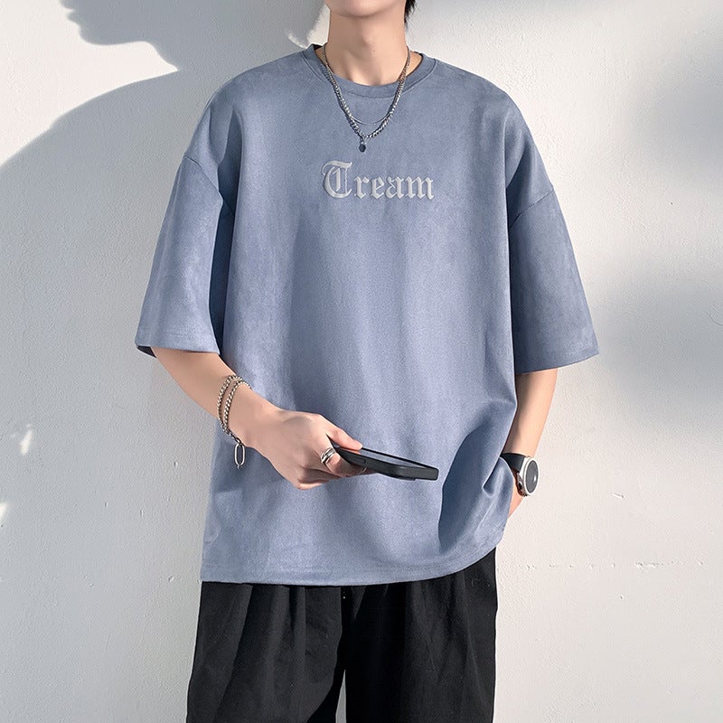 2023 New American Style Retro Fashion Brand Suede Short-sleeved T-shirt Embossing Craft Men's Summer Loose Hip-hop Half Sleeve - Image 2