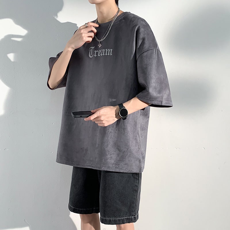 2023 New American Style Retro Fashion Brand Suede Short-sleeved T-shirt Embossing Craft Men's Summer Loose Hip-hop Half Sleeve - Image 5