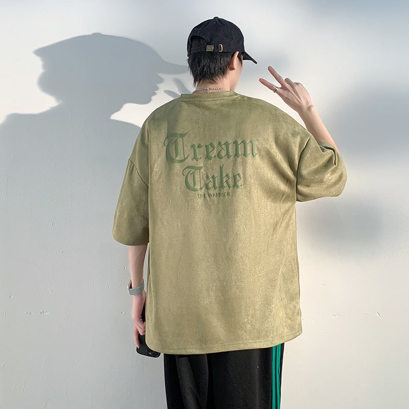 2023 New American Style Retro Fashion Brand Suede Short-sleeved T-shirt Embossing Craft Men's Summer Loose Hip-hop Half Sleeve - Image 4