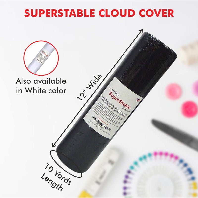 Superpunch Cloud Cover Stitch 12 inch x 10 Yard Roll, SuperStable Lightweight Stabilizer, Over The Back Fusible, Iron On Soft Cutaway Stabilizer for Embroidery Machines Backing - Black - Made in USA - Image 2