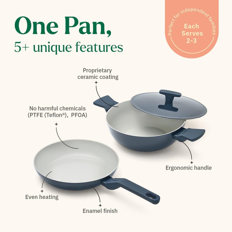 Ember Cookware طقم أواني الطهي السيراميكية غير اللاصقة من أركيلا مكون من 2 | مقلاة 24 سم و كاداي 2.6 لتر مع غطاء معدني | معتمد من ISI | أواني طهي سيراميكية غير سامة | طقم هدايا من 2 | خالي من PFAS و PTFE | أزرق - Image 2