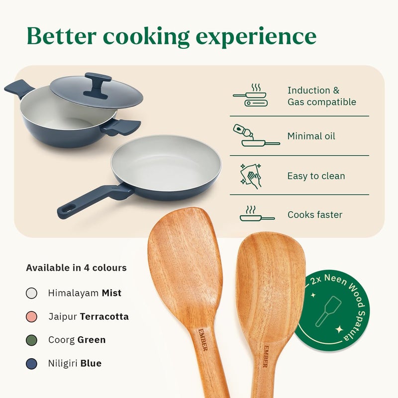 Ember Cookware طقم أواني الطهي السيراميكية غير اللاصقة من أركيلا مكون من 2 | مقلاة 24 سم و كاداي 2.6 لتر مع غطاء معدني | معتمد من ISI | أواني طهي سيراميكية غير سامة | طقم هدايا من 2 | خالي من PFAS و PTFE | أزرق - Image 3