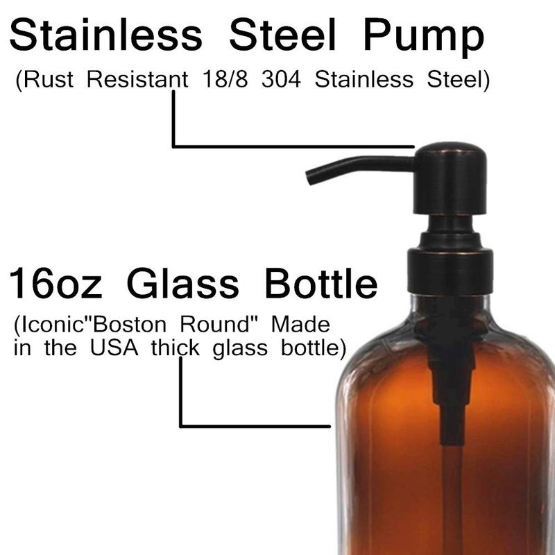 CHBJDAN 2 Pack 16 Ounce Boston Round Glass Bottles Soap Dispenser with Oil Rubbed Bronze Stainless Steel Pumps - Image 5