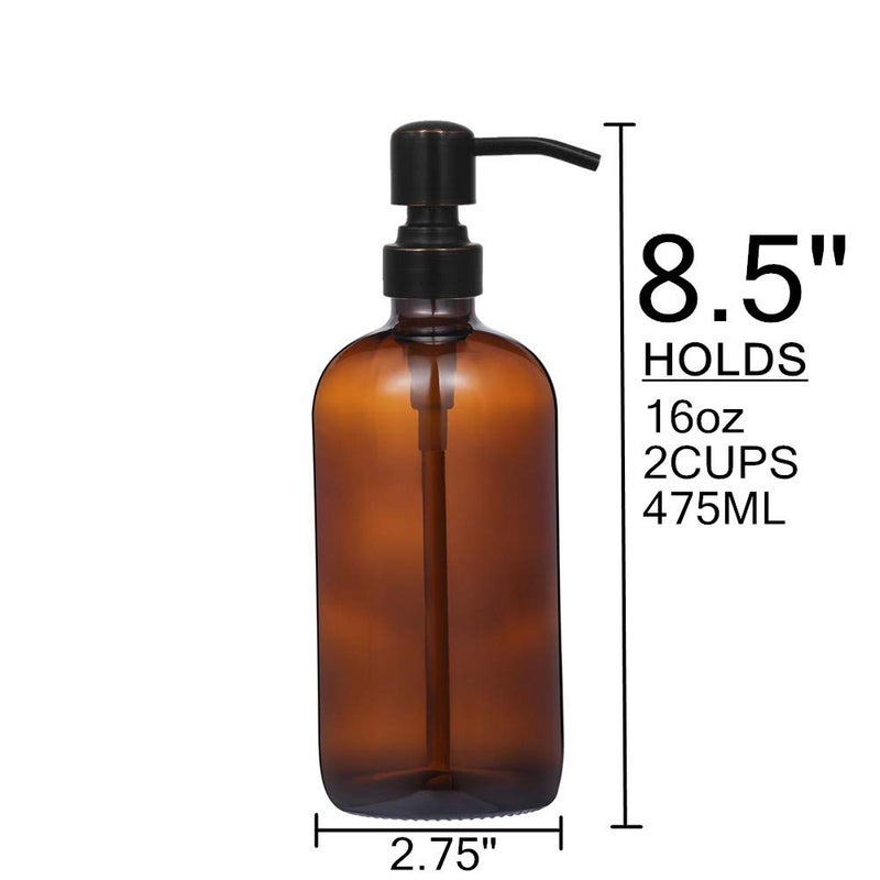 CHBJDAN 2 Pack 16 Ounce Boston Round Glass Bottles Soap Dispenser with Oil Rubbed Bronze Stainless Steel Pumps - Image 4