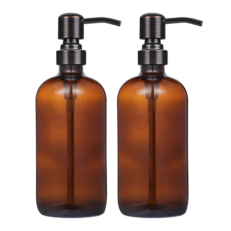 CHBJDAN 2 Pack 16 Ounce Boston Round Glass Bottles Soap Dispenser with Oil Rubbed Bronze Stainless Steel Pumps - Image 1