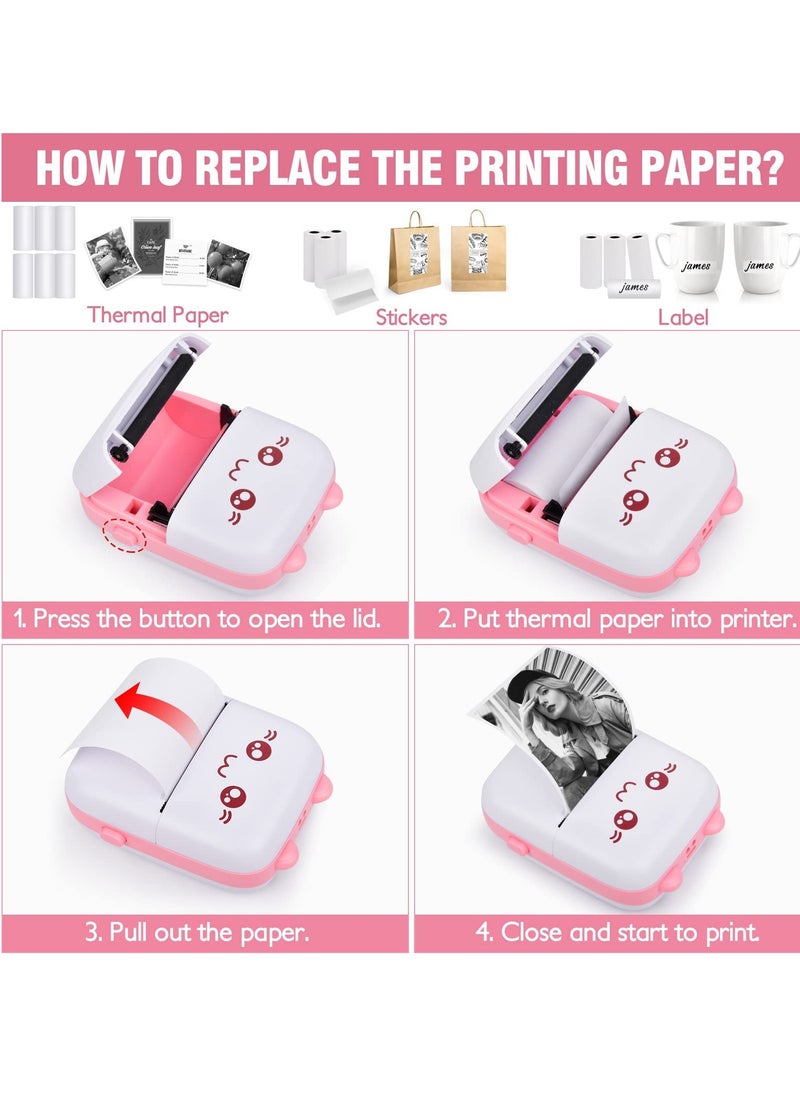 WENTCCION Portable Mini Pocket Printer Cute Thermal Printer with Thermal Printing Paper USB Cable for Note Photo Web Document Printing Pink  - Image 5