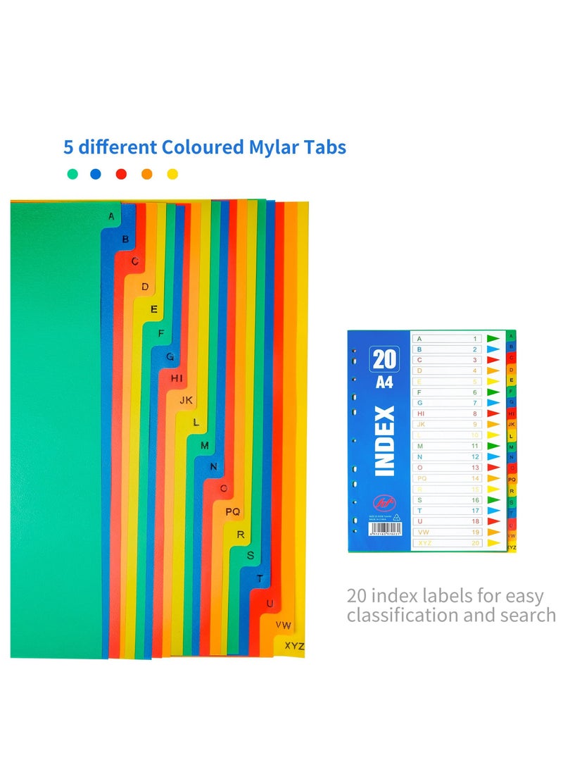 SYOSI - 5 Pack File Dividers A4 Extra Wide 20 Part Dividers A4 Subject Folder Dividers with Blank Tabs Multipunched A4 Dividers for Ring Binders Plastic Binder Dividers (21cmx29.7cm) - Image 1