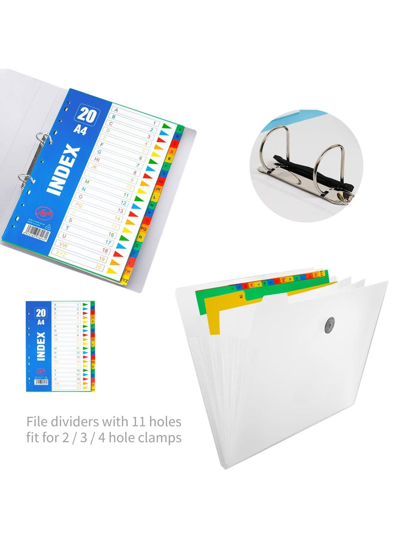 SYOSI - 5 Pack File Dividers A4 Extra Wide 20 Part Dividers A4 Subject Folder Dividers with Blank Tabs Multipunched A4 Dividers for Ring Binders Plastic Binder Dividers (21cmx29.7cm) - Image 1