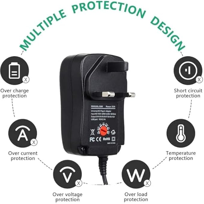 rayihni 30W UNIVERSAL AC/DC ADAPTER SWITCHING POWER SUPPLY WITH 8 SELECTABLE ADAPTER PLUGSÏ¼ŒFOR 3V 4.5V 5V 6V 7.5V 9V 12V HOUSEHOLD ELECTRONICS AND LED STRIP - 2000MA MA - Image 3