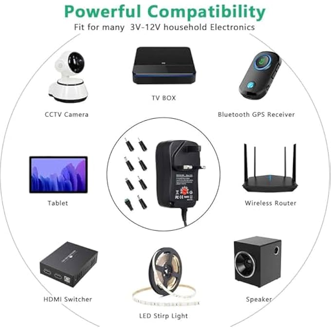 rayihni 30W UNIVERSAL AC/DC ADAPTER SWITCHING POWER SUPPLY WITH 8 SELECTABLE ADAPTER PLUGSÏ¼ŒFOR 3V 4.5V 5V 6V 7.5V 9V 12V HOUSEHOLD ELECTRONICS AND LED STRIP - 2000MA MA - Image 2
