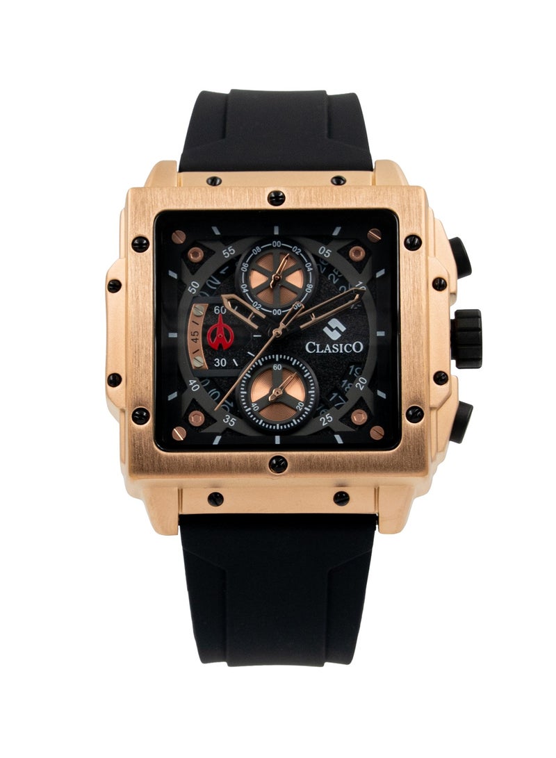 Clasico Endurance Ultra Men's Chronograph Black & Rose Gold Edition | 6-Hand Elite Y121 Quartz Movement | Waterproof Rectangular Dial | Genuine Silicone Strap - Image 1