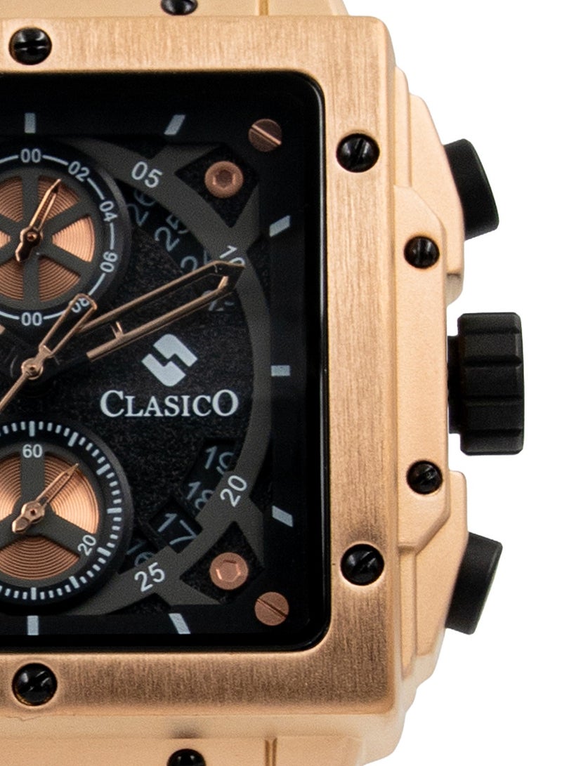 Clasico Endurance Ultra Men's Chronograph Black & Rose Gold Edition | 6-Hand Elite Y121 Quartz Movement | Waterproof Rectangular Dial | Genuine Silicone Strap - Image 2