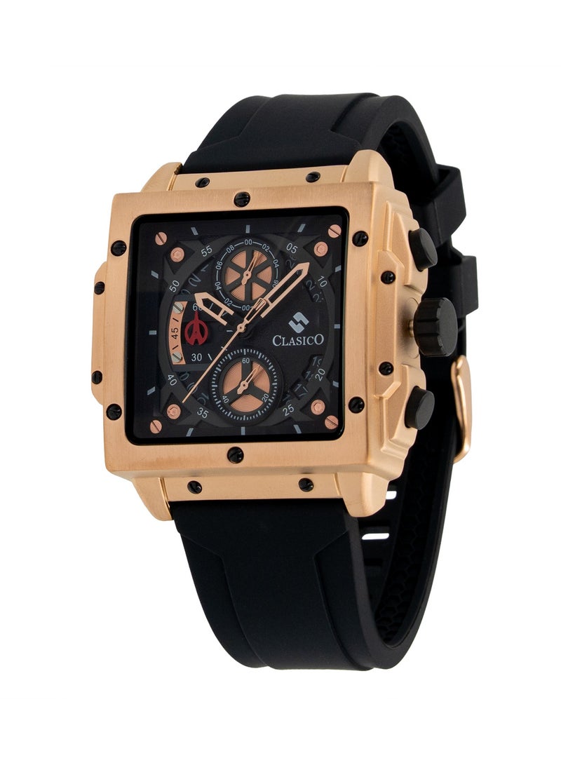 Clasico Endurance Ultra Men's Chronograph Black & Rose Gold Edition | 6-Hand Elite Y121 Quartz Movement | Waterproof Rectangular Dial | Genuine Silicone Strap - Image 3