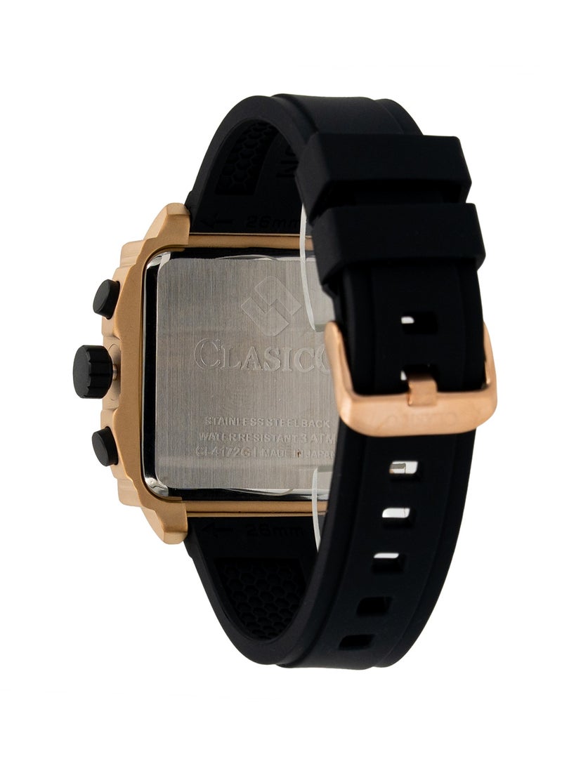 Clasico Endurance Ultra Men's Chronograph Black & Rose Gold Edition | 6-Hand Elite Y121 Quartz Movement | Waterproof Rectangular Dial | Genuine Silicone Strap - Image 4