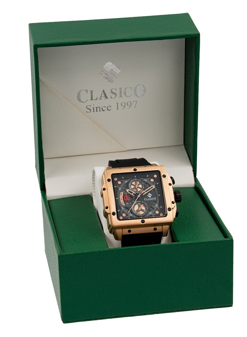 Clasico Endurance Ultra Men's Chronograph Black & Rose Gold Edition | 6-Hand Elite Y121 Quartz Movement | Waterproof Rectangular Dial | Genuine Silicone Strap - Image 5