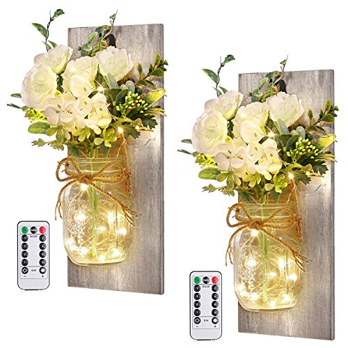Homecor Wall Decor Mason Jar Sconces - Home Decor Wall Art Hanging Design with Remote Control LED Fairy Lights and White Rose, Farmhouse Wall Decorations for Bedroom Living Room Lights Set of Two - Image 1