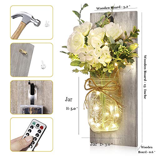 Homecor Wall Decor Mason Jar Sconces - Home Decor Wall Art Hanging Design with Remote Control LED Fairy Lights and White Rose, Farmhouse Wall Decorations for Bedroom Living Room Lights Set of Two - Image 4