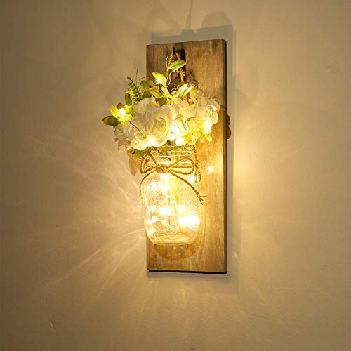 Homecor Wall Decor Mason Jar Sconces - Home Decor Wall Art Hanging Design with Remote Control LED Fairy Lights and White Rose, Farmhouse Wall Decorations for Bedroom Living Room Lights Set of Two - Image 2