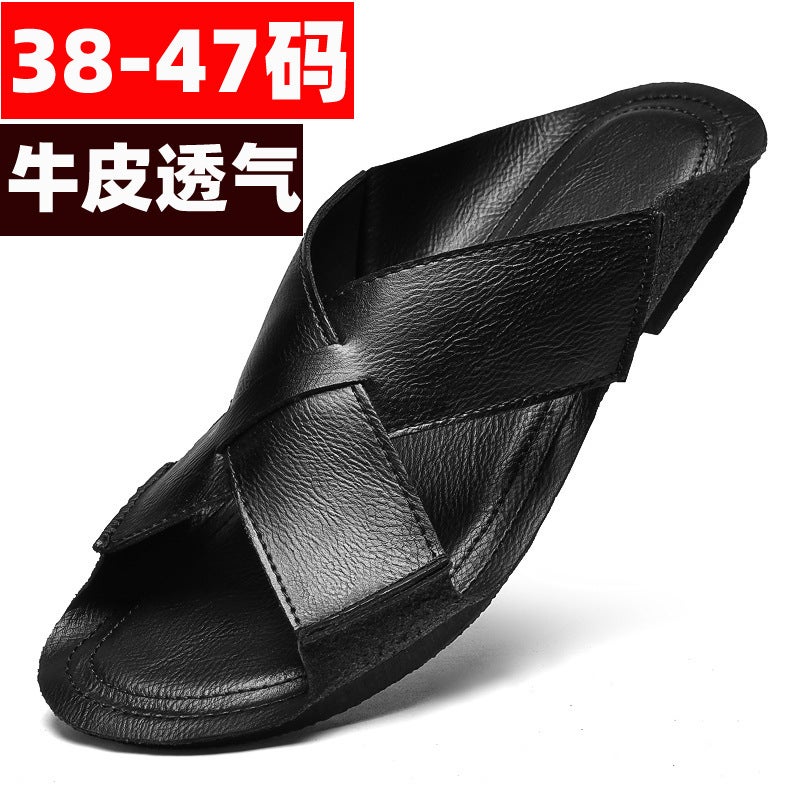 Summer Men'S Large Size 45 Cowhide Wear-Resistant Sandals, Flip-Flops 46 Non-Slip Roman Slippers 47 Genuine Leather Beach Shoes - Image 2
