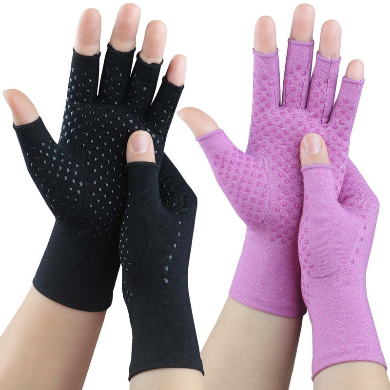 Tiny Chou 2 Pairs Arthritis Gloves, Compression Gloves for Women Men, Relieve Arthritis, Rheumatoid, Osteoarthritis, Carpal Tunnel Pain, Anti-Slip Fingerless Gloves for Hand Support (Pure Black+Purple,M) - Image 1