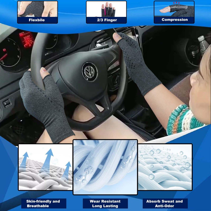 Tiny Chou 2 Pairs Arthritis Gloves, Compression Gloves for Women Men, Relieve Arthritis, Rheumatoid, Osteoarthritis, Carpal Tunnel Pain, Anti-Slip Fingerless Gloves for Hand Support (Pure Black+Purple,M) - Image 5