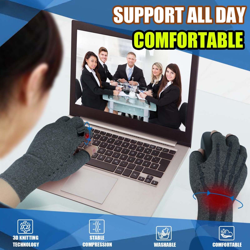 Tiny Chou 2 Pairs Arthritis Gloves, Compression Gloves for Women Men, Relieve Arthritis, Rheumatoid, Osteoarthritis, Carpal Tunnel Pain, Anti-Slip Fingerless Gloves for Hand Support (Pure Black+Purple,M) - Image 3