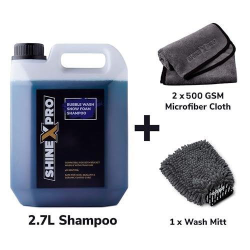 ShineXPro 2.7 Ltr Foam Car Wash Shampoo With 2Pcs 500GSM Microfiber Cloth & Wash Mitt - Thick Foam With Shine Enhancing Formula - Image 2