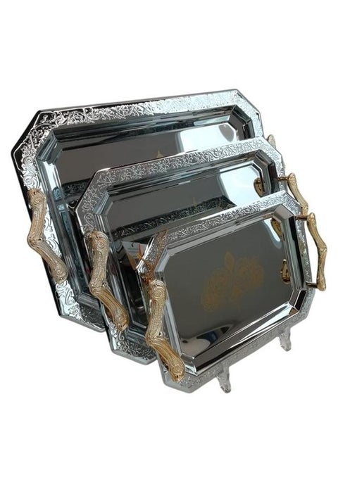 3-Piece Stainless Steel Rectangular Serving Tray Set Silver/Gold