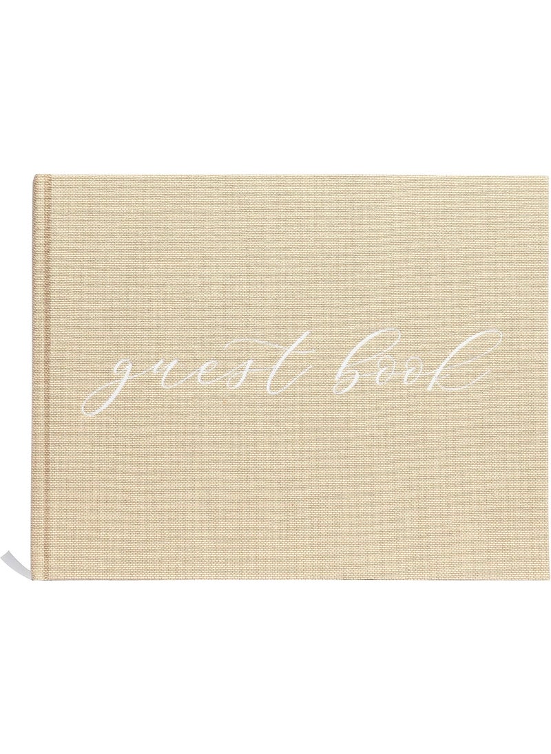 pearhead Pearhead Linen Wedding Guest Book with White Script  Classic Elegant Wedding Decor Perfect for Bridal Showers and Weddings Includes Pen For Guests  100 Pages 7x9 Beige Burlap  - Image 1
