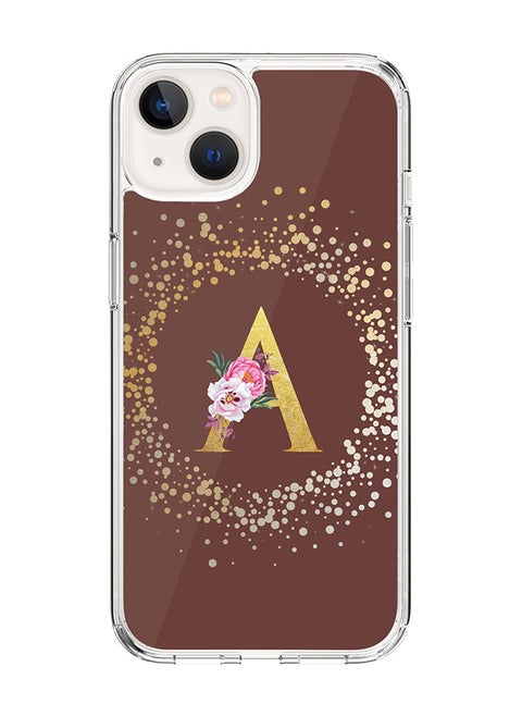 Classic Clear Case For iPhone 14 Plus, Hybrid Soft Case Flexible Edges Thin Cover- Custom Monogram Initial Letter Floral Pattern Alphabet - A(Brown)