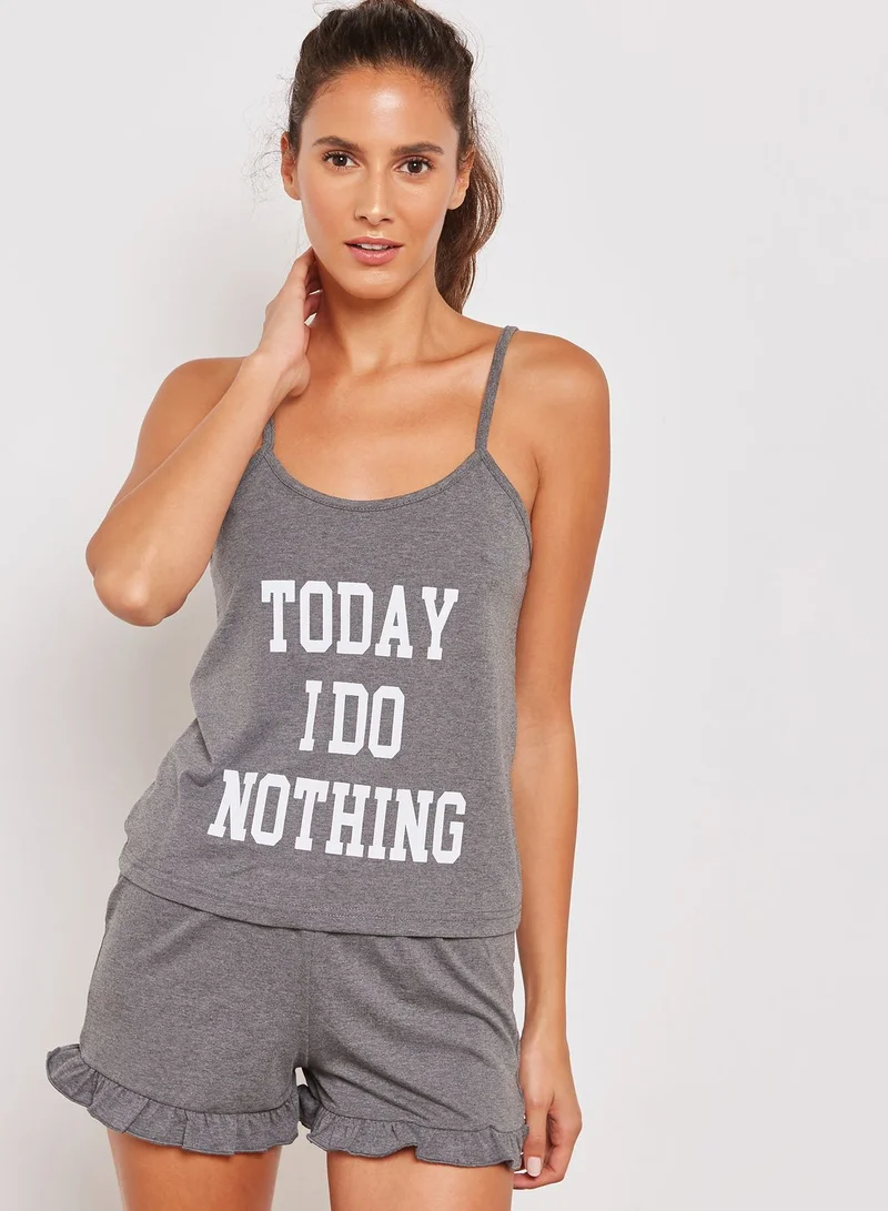 Lounge District Slogan Ruffle Hem Pyjama Shorts Set