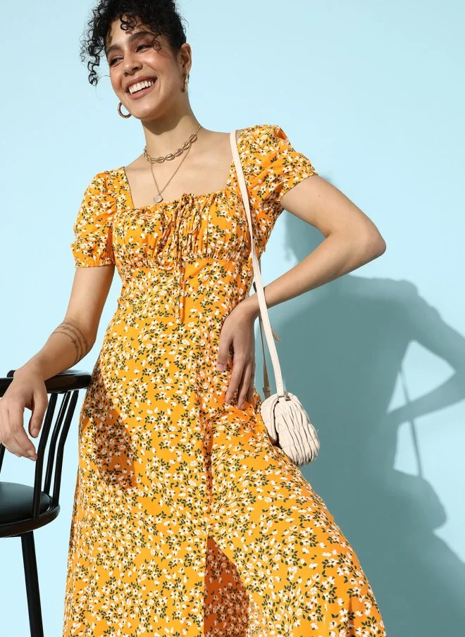 STREET 9 Stylish Mustard Floral Empire Dress for Women