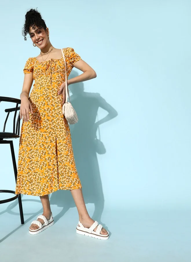 STREET 9 Stylish Mustard Floral Empire Dress for Women