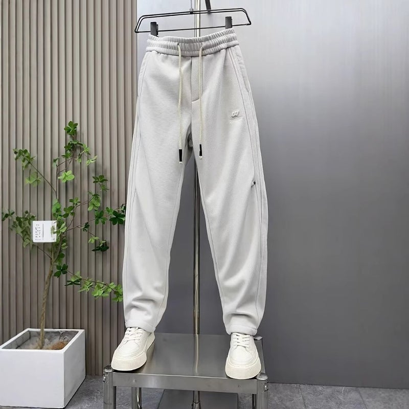 2024 Winter Heavy Stitching Straight Sports Casual Pants Mens Loose Light Luxury Harlan Long Guard Pants fleece-lined Thickened Black - Image 3