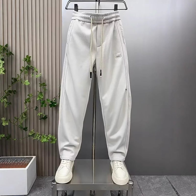 2024 Winter Heavy Stitching Straight Sports Casual Pants Mens Loose Light Luxury Harlan Long Guard Pants fleece-lined Thickened Black - Image 4