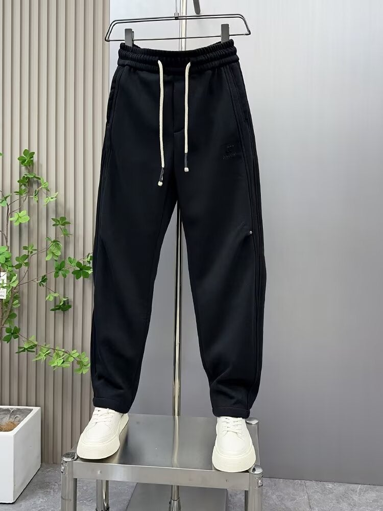 2024 Winter Heavy Stitching Straight Sports Casual Pants Mens Loose Light Luxury Harlan Long Guard Pants fleece-lined Thickened Black - Image 1
