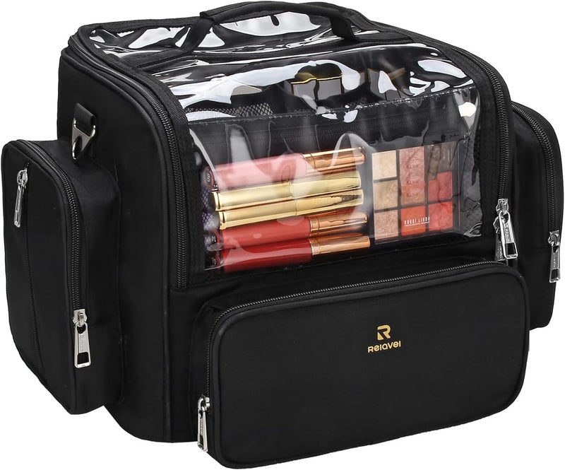 TANTO Makeup Brush Case Stand-up Makeup Cup Makeup Brush Holder Travel Professional Cosmetic Bag Artist Storage Bag with Shoulder Strap and Adjustable Divider (large black) - Image 1