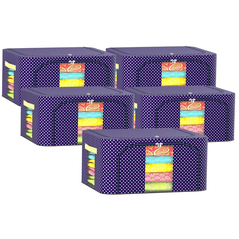 Urbane Home Urbane Home Pack of 5 Clothes Storage Box 24 Liter Wardrobe Organizer Waterproof Underbed Storage Box for Blankets Parachute Steel Frame Drawer Organizer Dot Print Blue  - Image 1