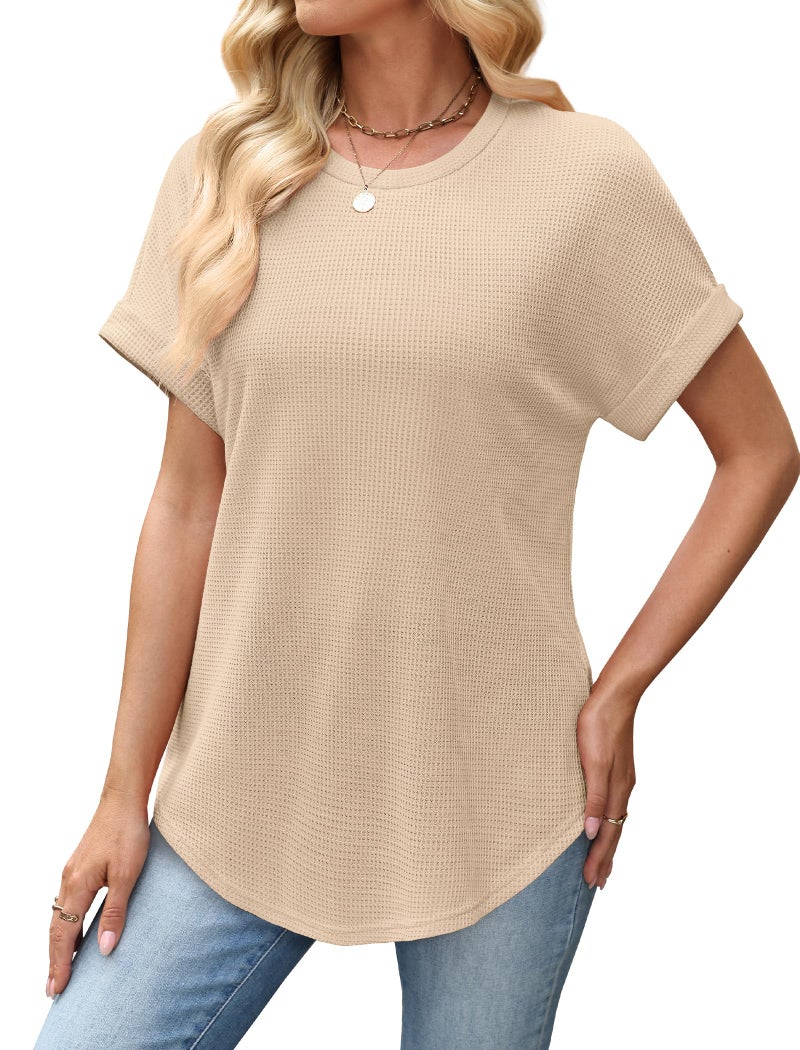 Sampeel Shirts for Women Dressy Casual Short Sleeve Tops Tunic Summer Clothes Maternity Soft Tshirts Oversized Beige XXL - Image 4