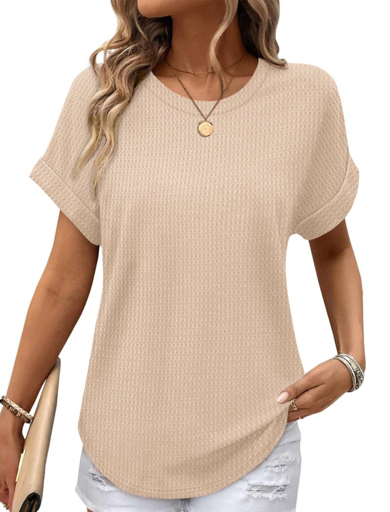 Sampeel Shirts for Women Dressy Casual Short Sleeve Tops Tunic Summer Clothes Maternity Soft Tshirts Oversized Beige XXL - Image 1