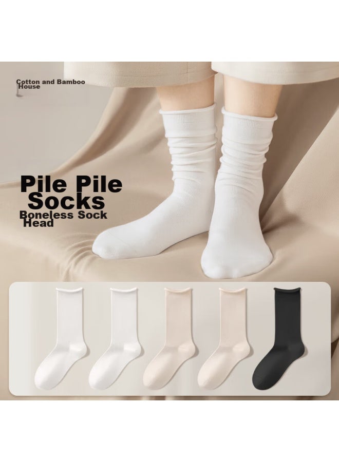 B&C.ROOM Mianzhuwu Women's Socks, Summer Thin Style, Slouchy Mid-calf, Sweat-absorbing, Odor-resistant, Antibacterial, Pure Cotton, Breathable, Black And White Long Socks, 5 Pairs - Image 1
